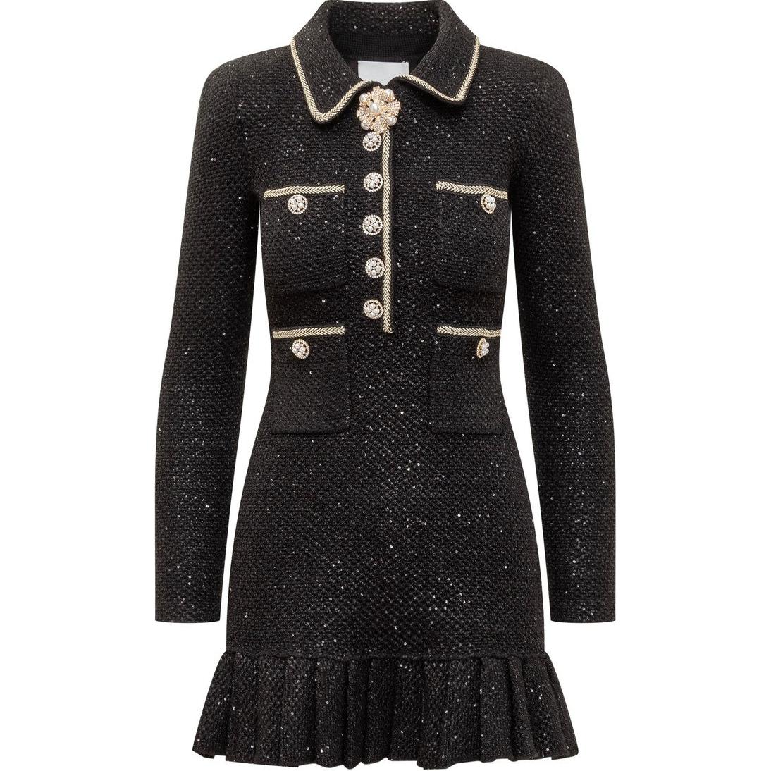 Self-Portrait Black Long Sleeve Elegant Dress with Rhinestone Button Detail. AW23135SBBLACK