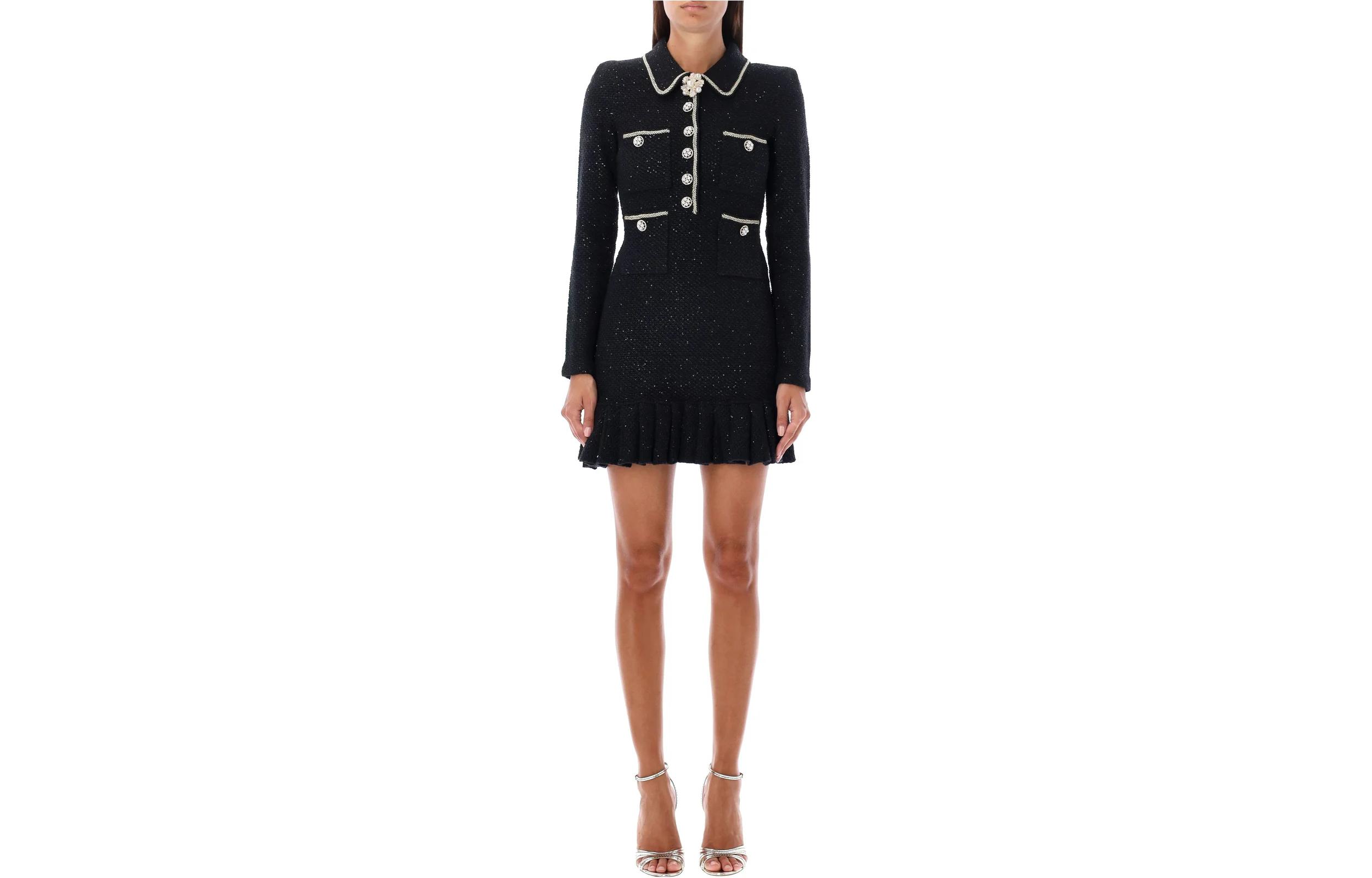 Self-Portrait Black Long Sleeve Elegant Dress with Rhinestone Button Detail. AW23135SBBLACK 圖 2