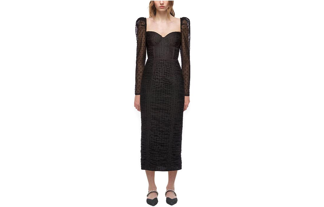 Self-Portrait Black Polka Dot Mesh Pleated Long Sleeve Dress SWF324Y15000 圖 2