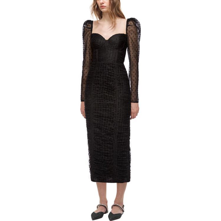 Self-Portrait Black Polka Dot Mesh Pleated Long Sleeve Dress SWF324Y15000 圖 3