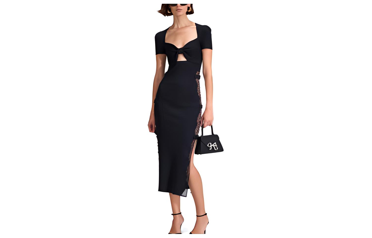 Self-Portrait Classic Black Bow Knit Short-Sleeve Dress with Square Neckline SWF342M05400