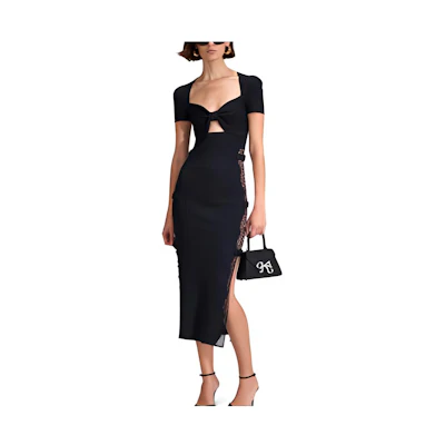 Self-Portrait Classic Black Bow Knit Short-Sleeve Dress with Square Neckline SWF342M05400