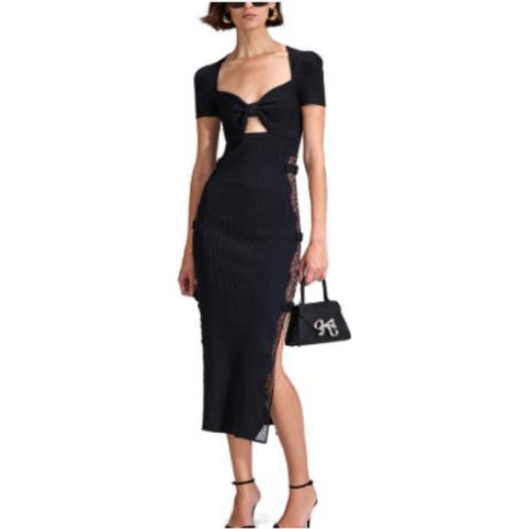 Self-Portrait Classic Black Bow Knit Short-Sleeve Dress with Square Neckline SWF342M05400 圖 3