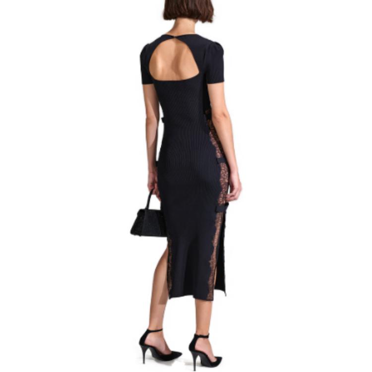 Self-Portrait Classic Black Bow Knit Short-Sleeve Dress with Square Neckline SWF342M05400 圖 4