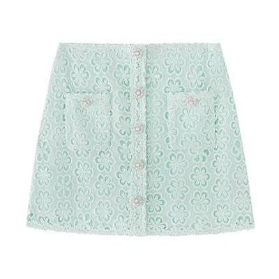 Self-Portrait Floral Lace A-Line Skirt in Mint Green. SWF342Q01200