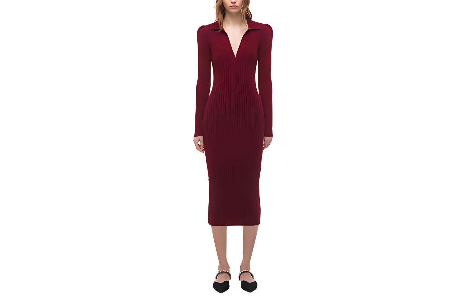 Self-Portrait French Ribbed Knit Collar Long Sleeve Dress Deep Burgundy SWF324M14600