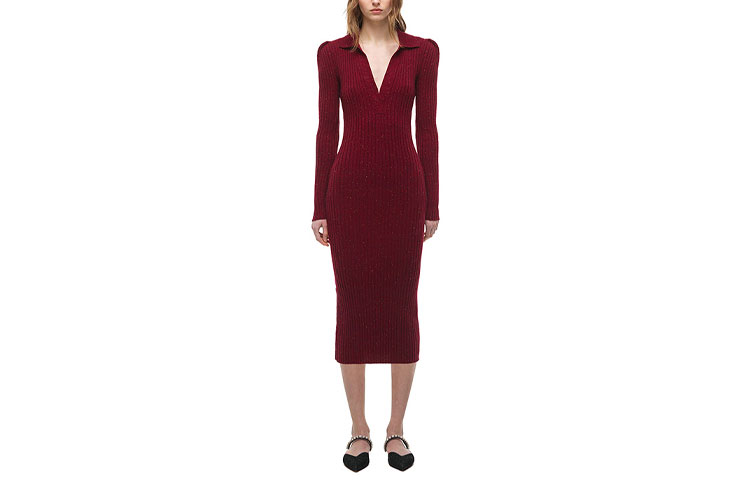 Self-Portrait French Ribbed Knit Collar Long Sleeve Dress Deep Burgundy SWF324M14600 圖 2