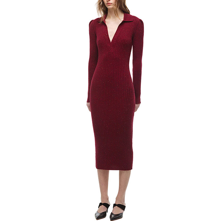 Self-Portrait French Ribbed Knit Collar Long Sleeve Dress Deep Burgundy SWF324M14600 圖 4