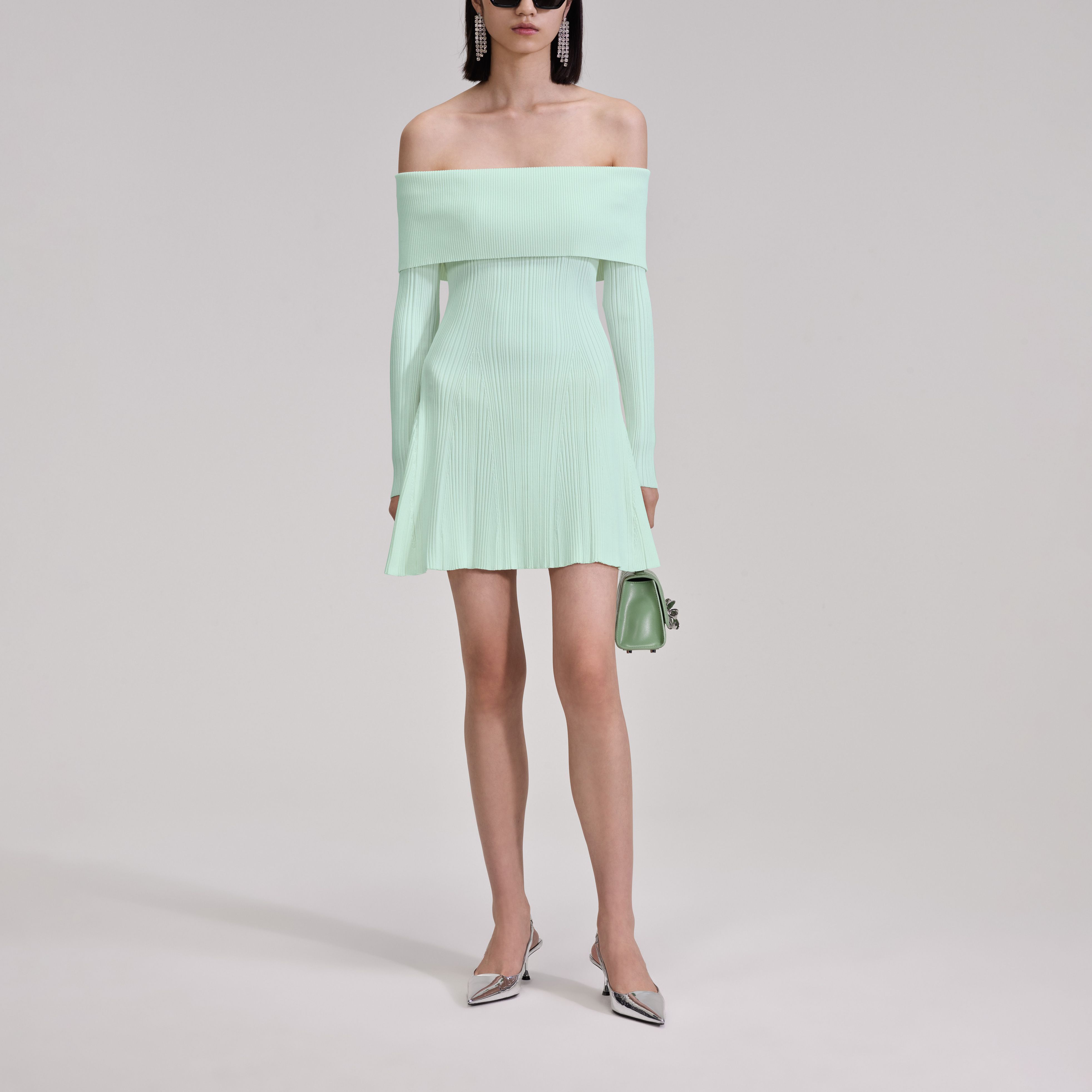 Self-Portrait French Style Knit Off-Shoulder A-Line Dress Mint Green SWF343M02200411 圖 3