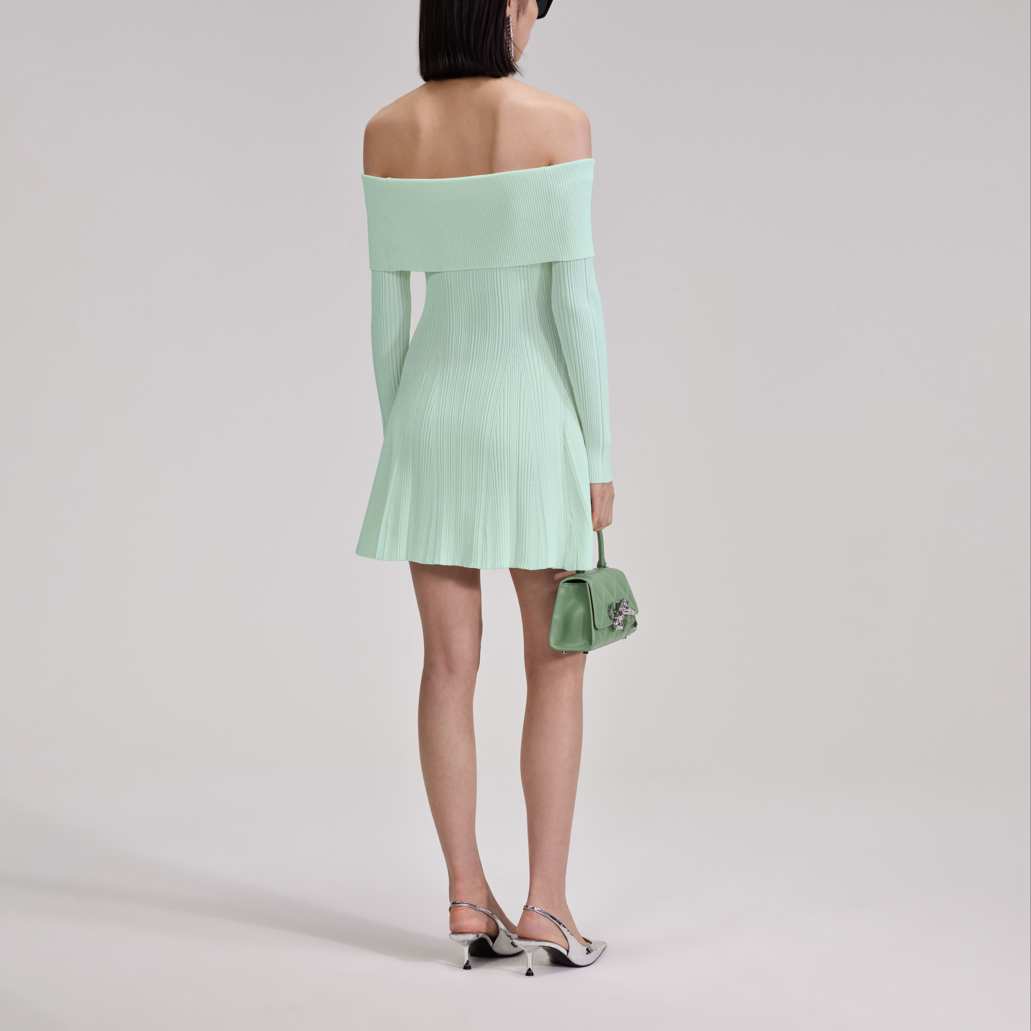 Self-Portrait French Style Knit Off-Shoulder A-Line Dress Mint Green SWF343M02200411 圖 4