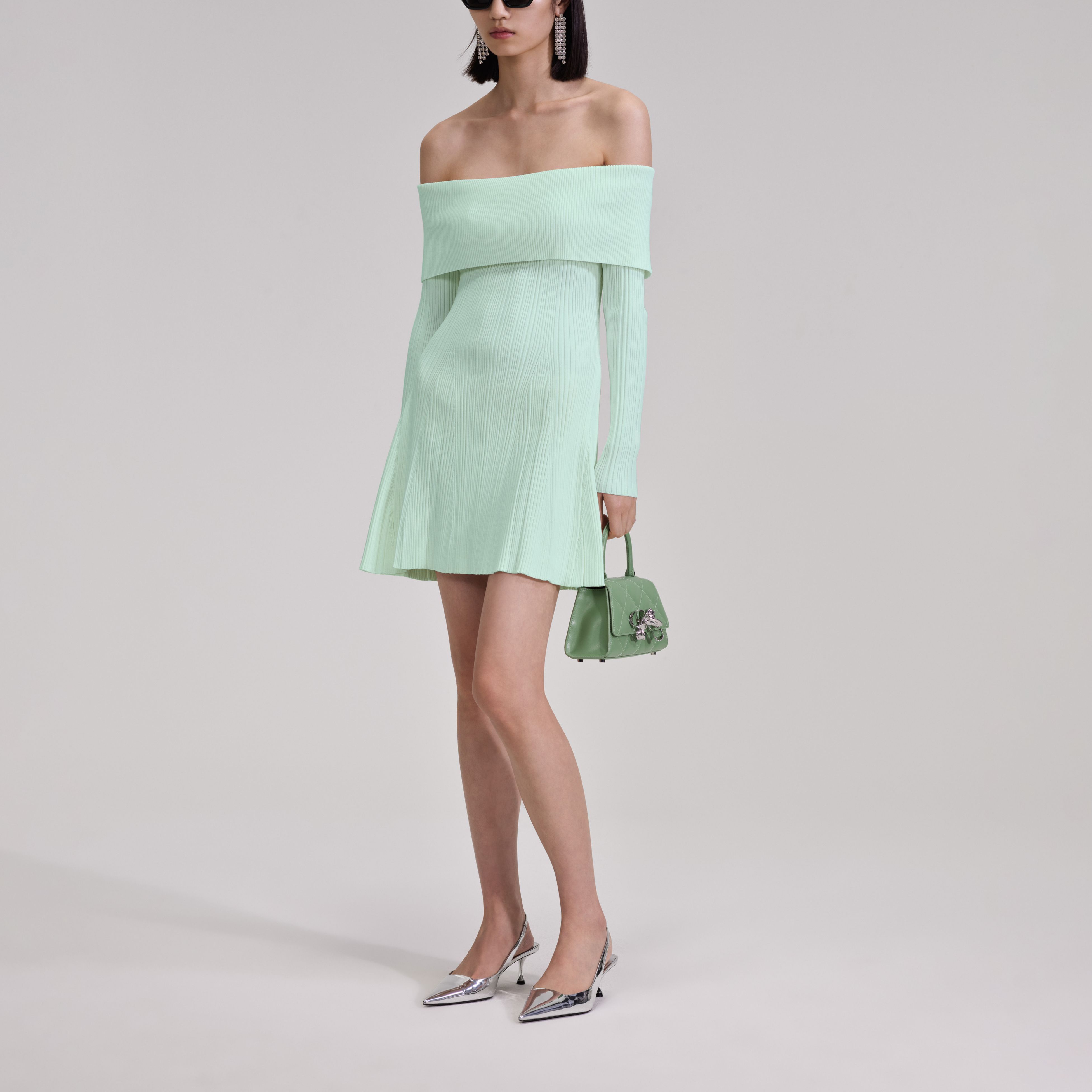 Self-Portrait French Style Knit Off-Shoulder A-Line Dress Mint Green SWF343M02200411 圖 5