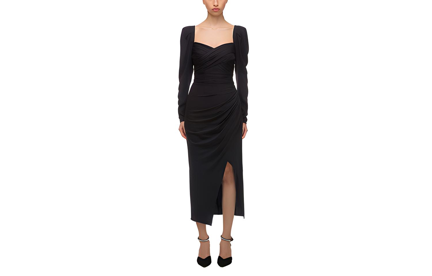 Self-Portrait French Style Long Sleeve Split Maxi Dress Black. SWF323Y04600