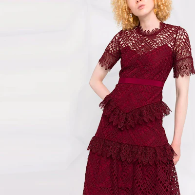 Self-Portrait FW21 Midi Dress with Cut-Out Details in Red. PF21931 Details for Self-Portrait FW21 Midi Dress with Cut-Out Details in Red. PF21931