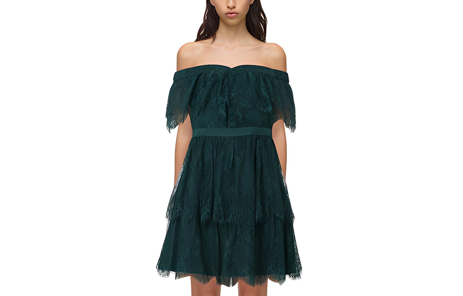 Self-Portrait FW21 Off-Shoulder Lace A-Line Dress in Deep Green SWF323Y03300