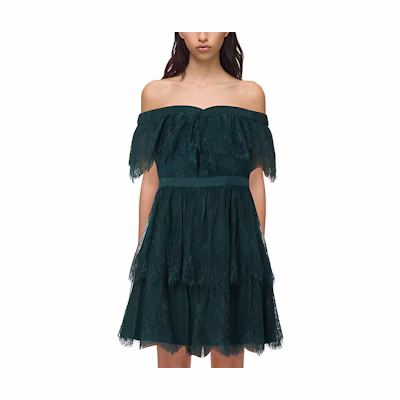 Self-Portrait FW21 Off-Shoulder Lace A-Line Dress in Deep Green SWF323Y03300