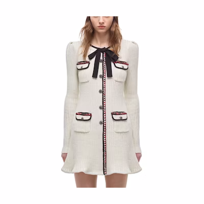 Self-Portrait FW21 White Metallic Knit Long-Sleeve Dress with Bow Tie Detail AW21143K