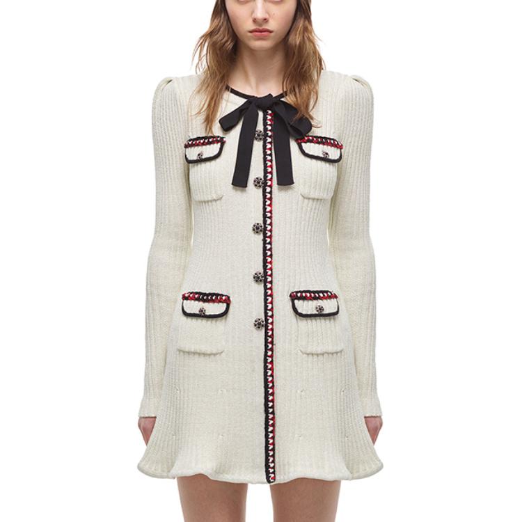Self-Portrait FW21 White Metallic Knit Long-Sleeve Dress with Bow Tie Detail AW21143K 圖 2