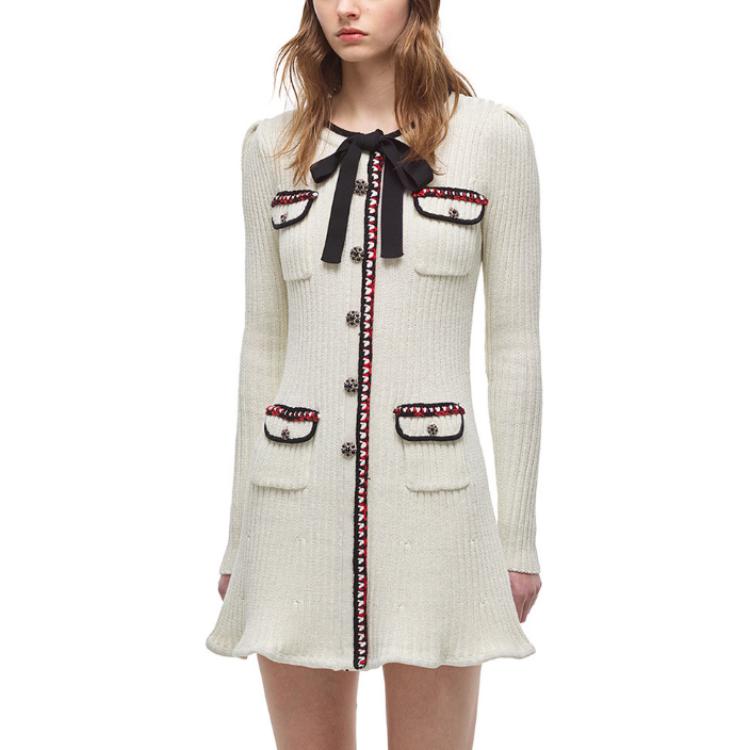 Self-Portrait FW21 White Metallic Knit Long-Sleeve Dress with Bow Tie Detail AW21143K 圖 3