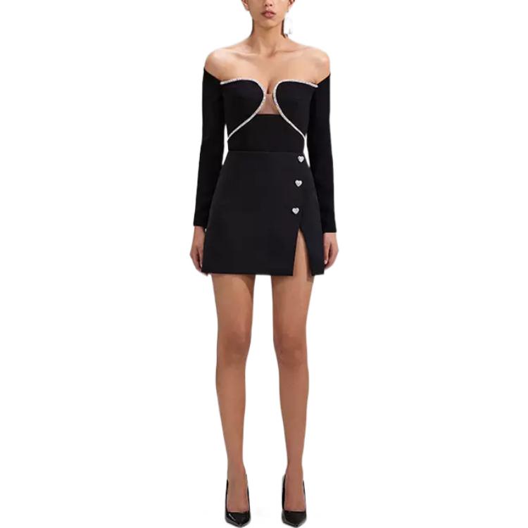 Shop Self-Portrait FW22 Skirt Mini Asimetri Butang Emas Hitam. SWF341Q00500