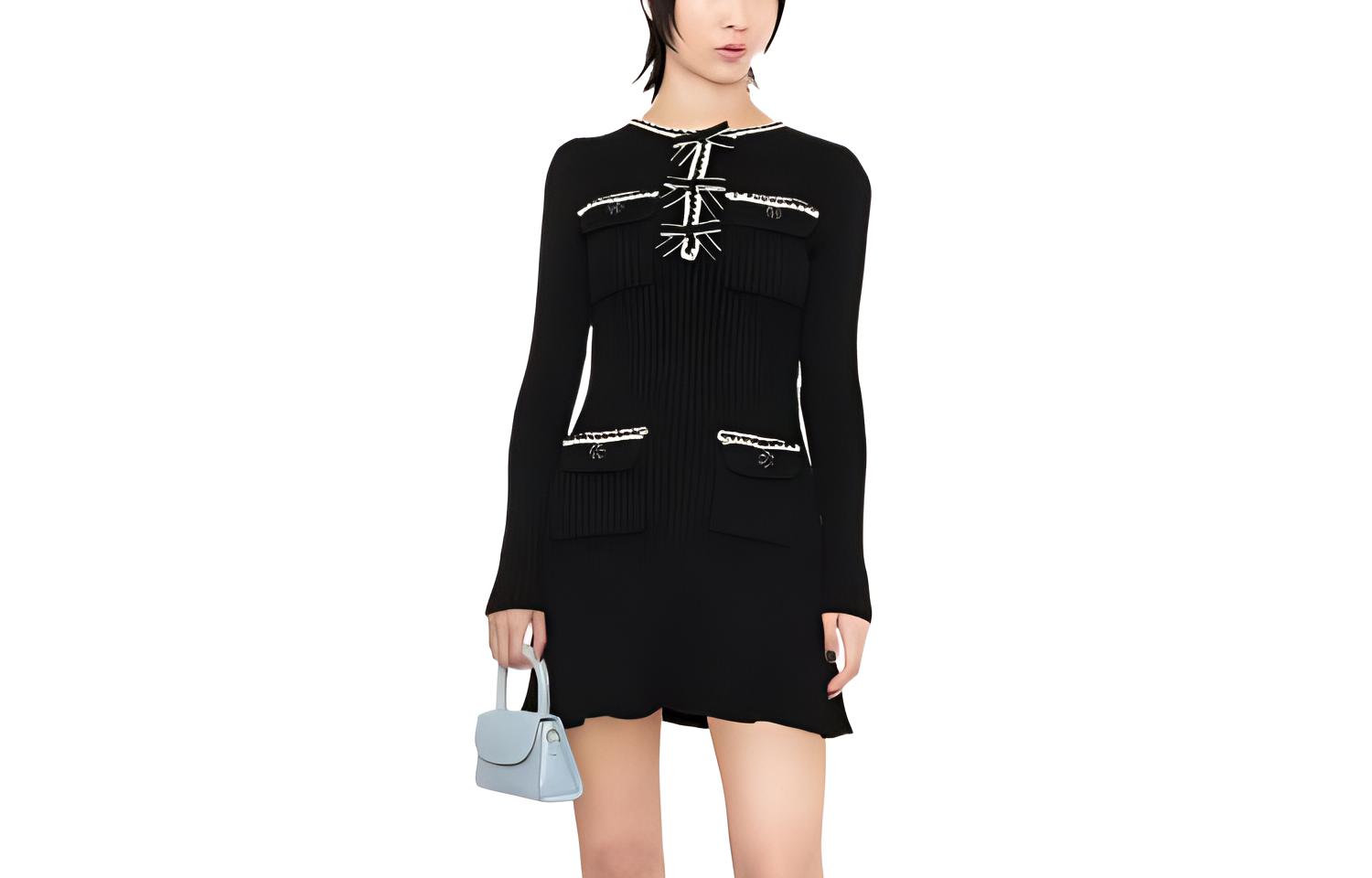 Self-Portrait FW22 Black Knit Long-Sleeve Cheongsam Dress. AW22124BBLACK