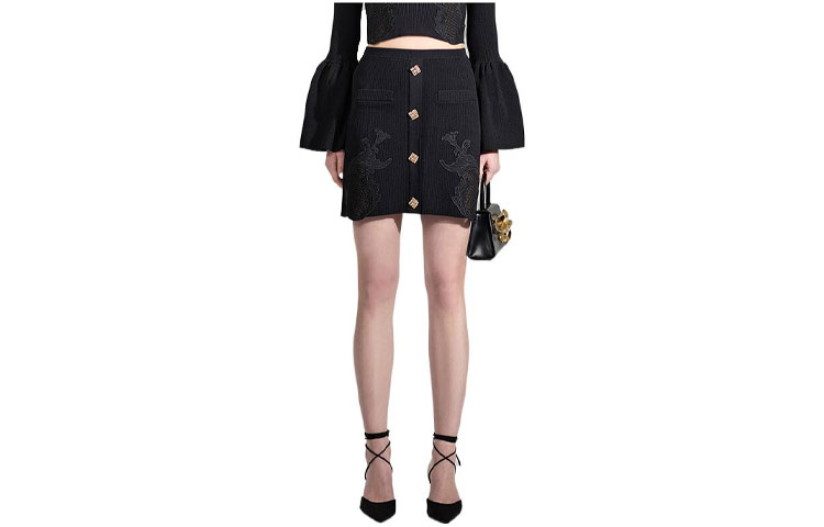 Self-Portrait FW22 Black Lace Buttoned Knit Midi Skirt with Embroidery Details SWF334M06500