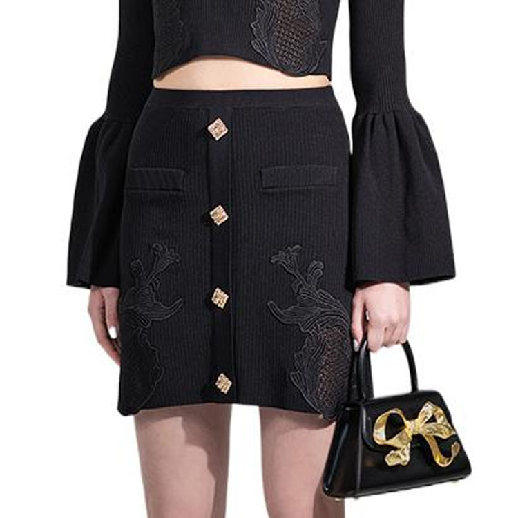 Purchase Self-Portrait 秋冬22 黑色蕾絲刺繡紐扣針織中長裙 SWF334M06500