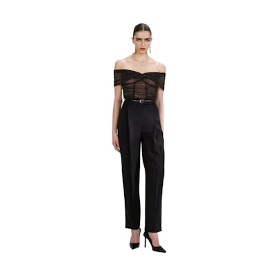 Self-Portrait FW22 Black Off-Shoulder Mesh Corset with Slit and Rhinestones. SWF334C02600