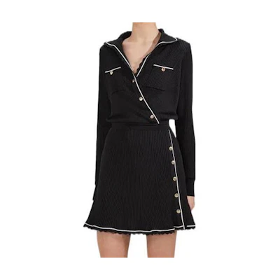 Self-Portrait FW22 Contrast Trim Ribbed Knit Mini Blazer Long Sleeve Dress Black PF22079A