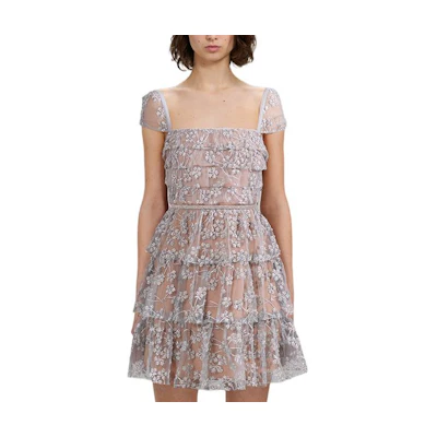 Self-Portrait FW22 Floral Embroidered Mesh Square Neck Short Sleeve Dress Gunmetal. SWF333Y04400