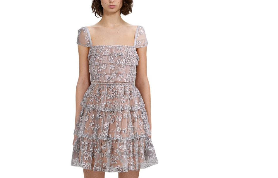 Self-Portrait FW22 Floral Embroidered Mesh Square Neck Short Sleeve Dress Gunmetal. SWF333Y04400 圖 2