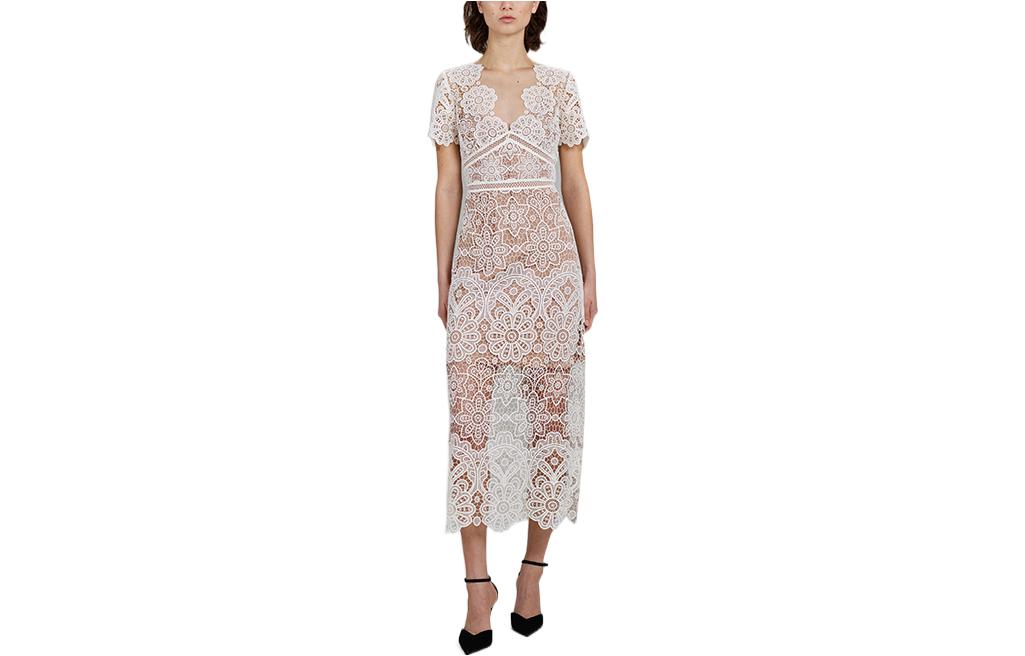 Self-Portrait FW22 Ivory White Lace V-Neck Short Sleeve Maxi Dress SWF333Y03000