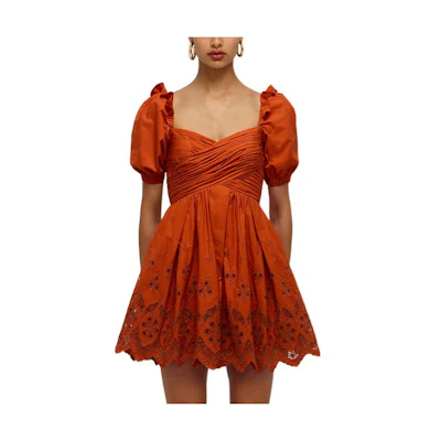 Self-Portrait FW22 Orange Puff Sleeve Ruched Short Sleeve Midi Dress SWF331Y05400