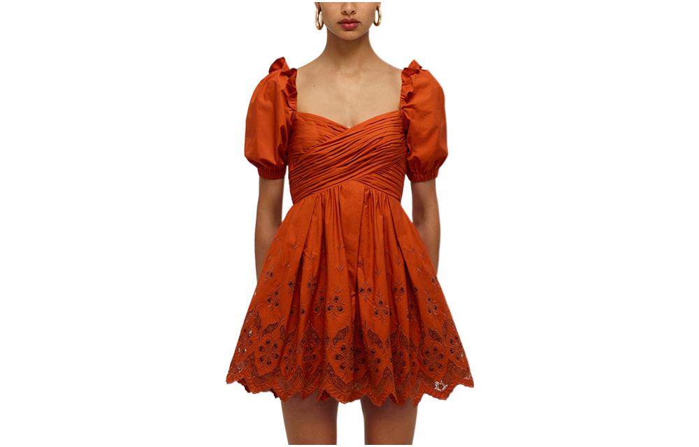 Order Self-Portrait FW22 橘色泡泡袖抽皺短袖中長洋裝 SWF331Y05400