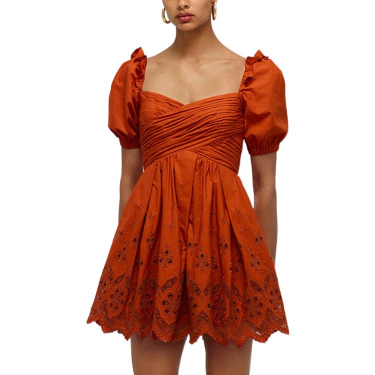 Lookbook Self-Portrait FW22 橘色泡泡袖抽皺短袖中長洋裝 SWF331Y05400