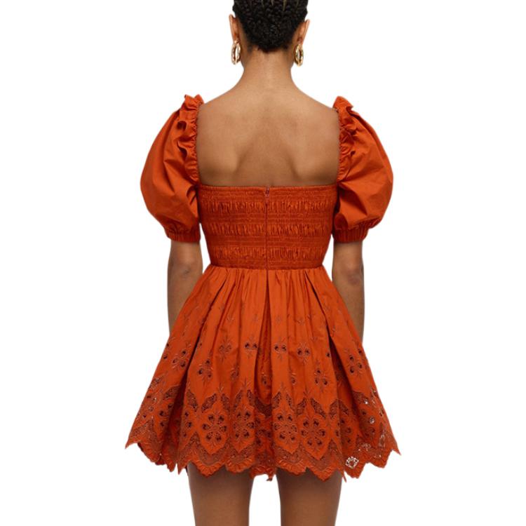 Shop Self-Portrait FW22 橘色泡泡袖抽皺短袖中長洋裝 SWF331Y05400