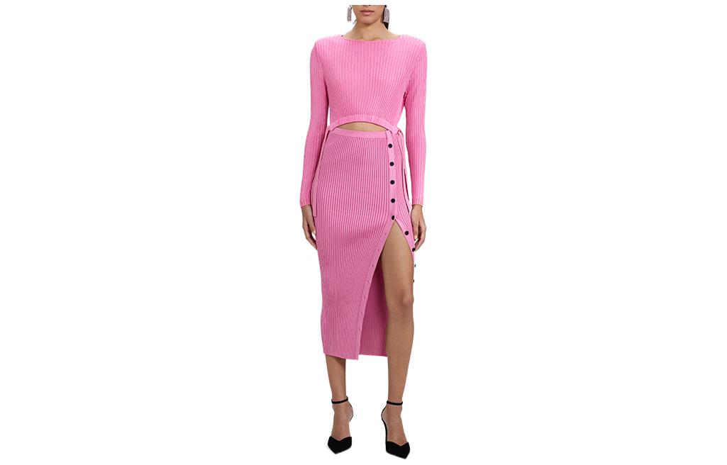 Self-Portrait FW22 Pink Knitted Midi Dress with Cutout Buttons and Slit. SWF333M02500