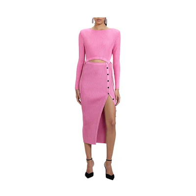 Self-Portrait FW22 Pink Knitted Midi Dress with Cutout Buttons and Slit. SWF333M02500