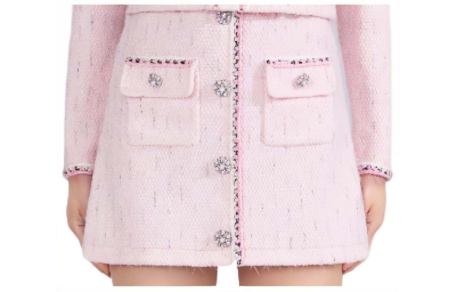 Self-Portrait FW22 Pink Knitted Mini Button-Front Bodycon Skirt AW22-124S