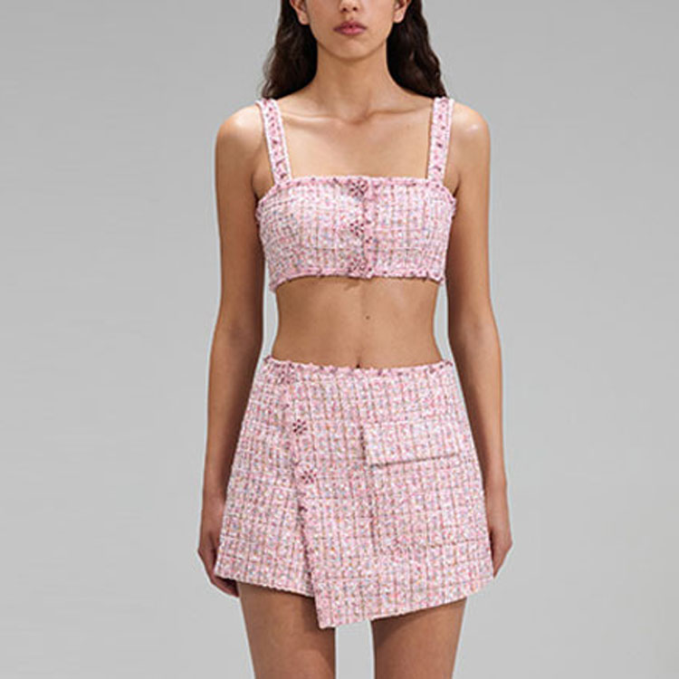 Shop Self-Portrait 2022秋冬粉紅格紋不對稱裙褲中腰休閒短褲 SWF341K00100