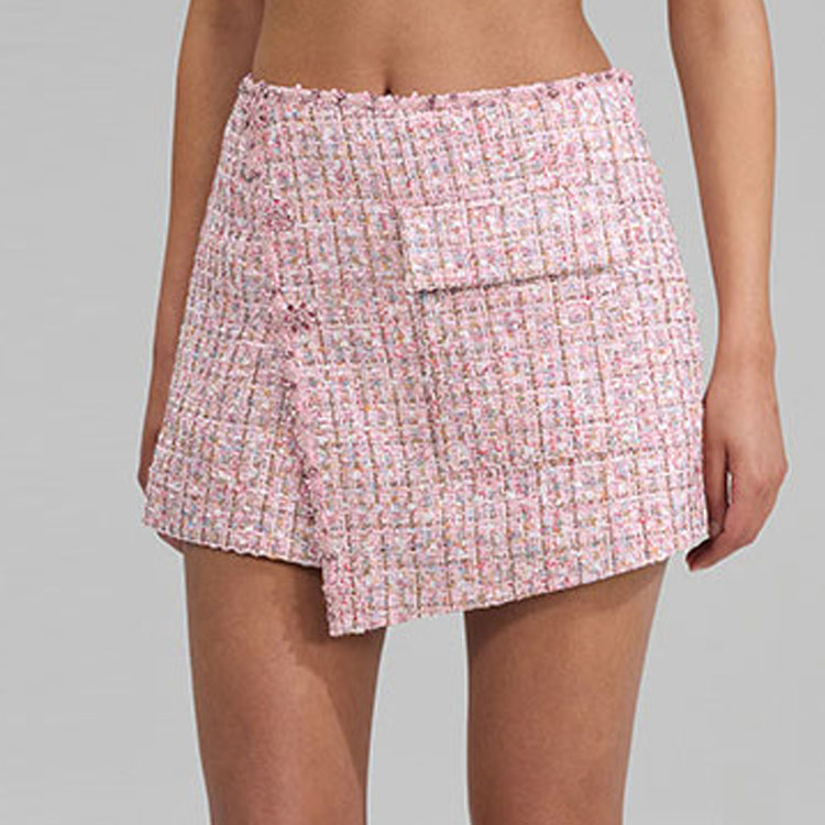 Purchase Self-Portrait 2022秋冬粉紅格紋不對稱裙褲中腰休閒短褲 SWF341K00100