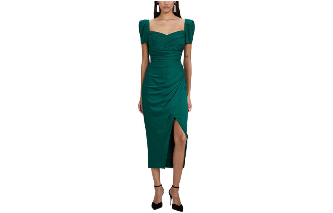 Self-Portrait FW22 Pleated Puff Sleeve Slit Midi Dress in Dark Green. SWF333Y06200 圖 2