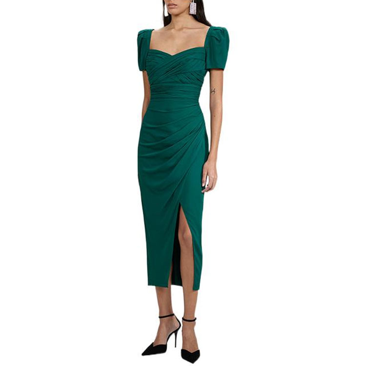 Self-Portrait FW22 Pleated Puff Sleeve Slit Midi Dress in Dark Green. SWF333Y06200 圖 4