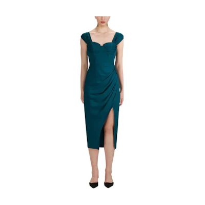 Self-Portrait FW22 Sleeveless Midi Dress with Pleats and Slit in Dark Green AW22-909