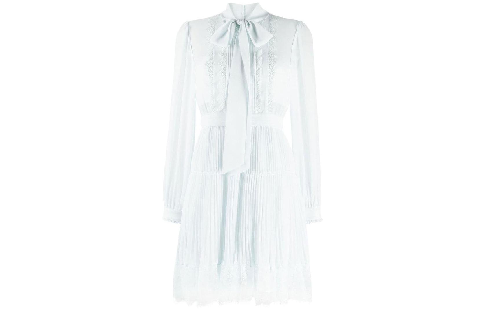 Self-Portrait FW22 Solid Chiffon Trim Long Sleeve Dress Sea Green SS22933GREEN