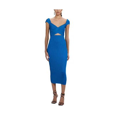 Self-Portrait FW22 Solid Knit V-Neck Cinched Short-Sleeve Dress Blue SWF333M00400