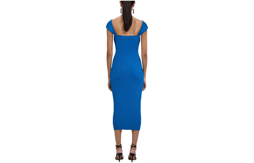 Self-Portrait FW22 Solid Knit V-Neck Cinched Short-Sleeve Dress Blue SWF333M00400 圖 3