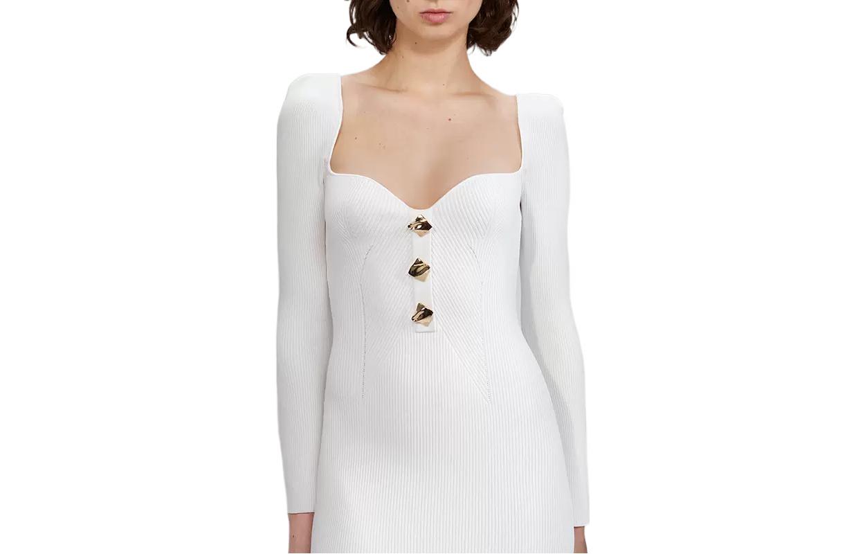 Self-Portrait FW22 Solid White Knit Long Sleeve Mid-Length Dress. SWF333M03200