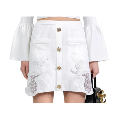 Self-Portrait FW22 White Lace Hollow Straight Button Midi Skirt. SWF334M06600