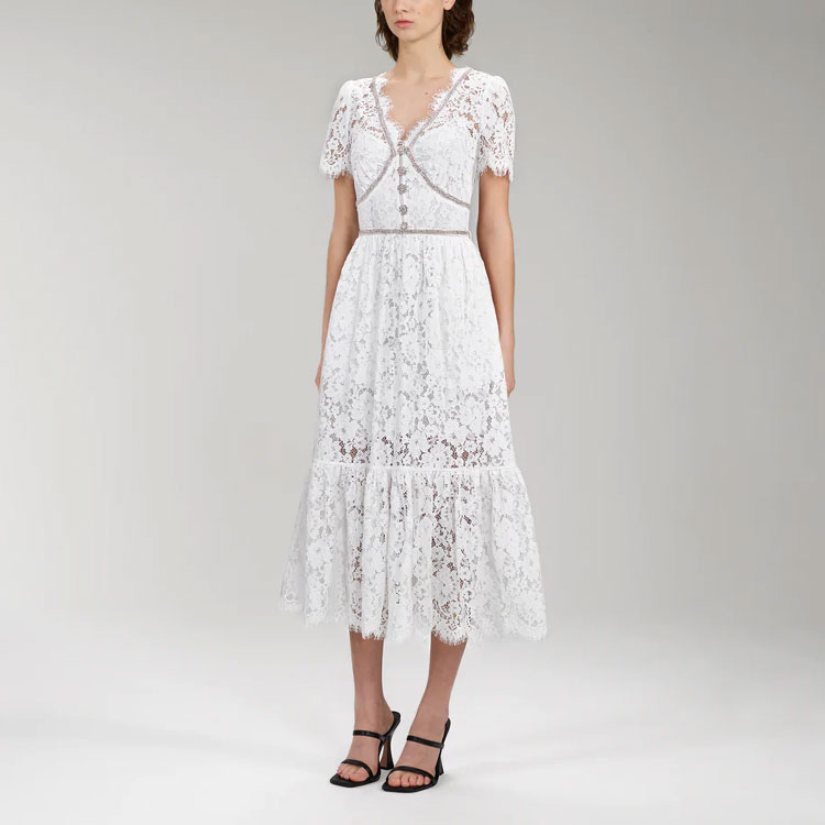 Self-Portrait FW22 White Lace V-Neck Short-Sleeve A-Line Dress PF22-041 圖 7