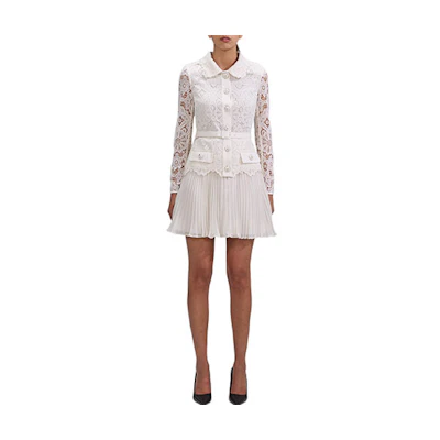 Self-Portrait FW22 White Pleated Lace Floral Long Sleeve Dress AW22-932S